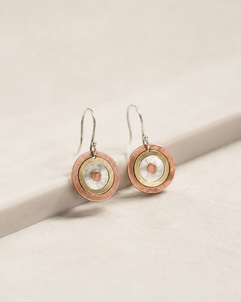 Tri-Tone Mixed Metal Circle Drop Earrings