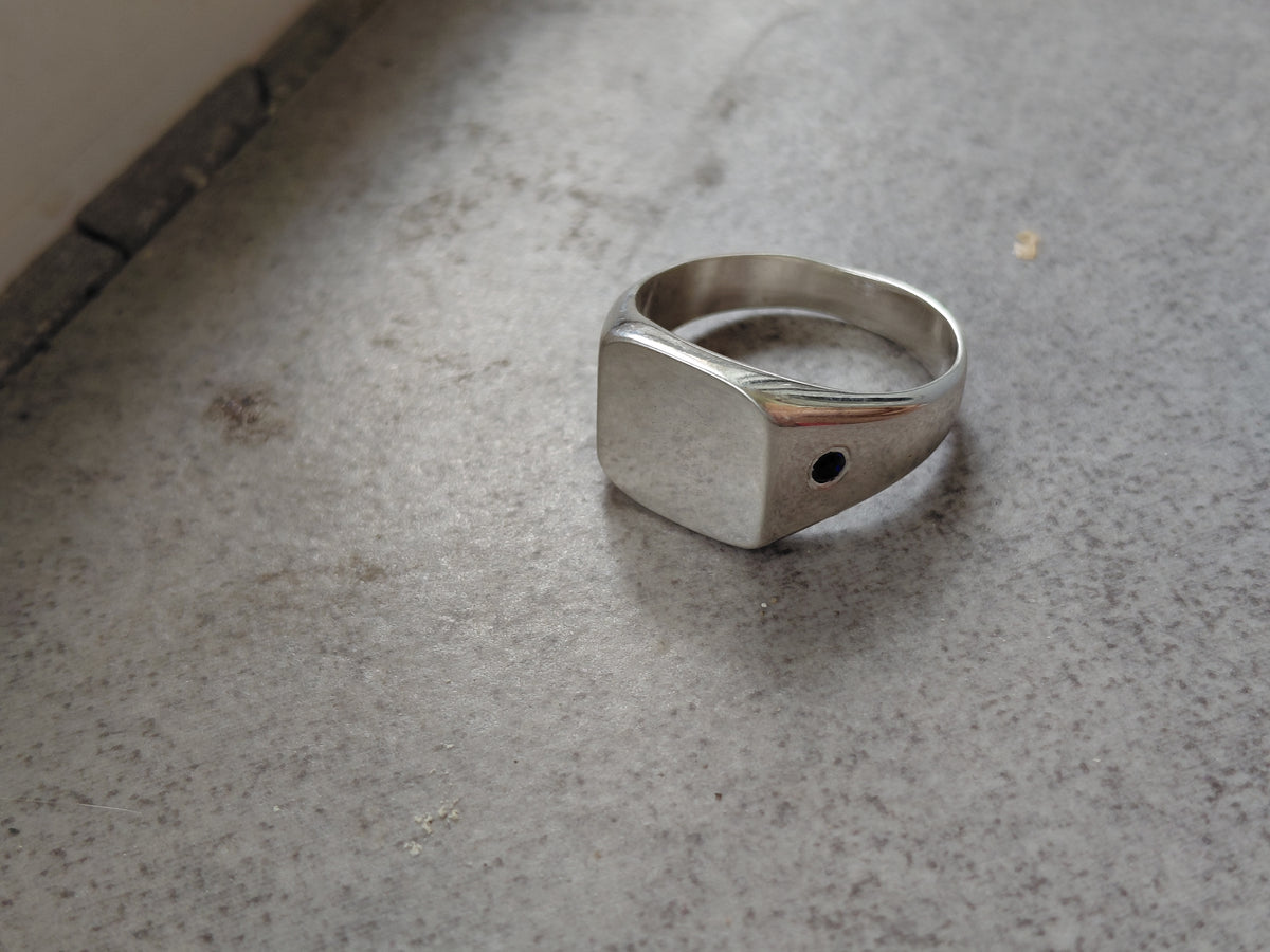Chunky Sterling Silver Signet Ring | Square with Side-Set Sapphire